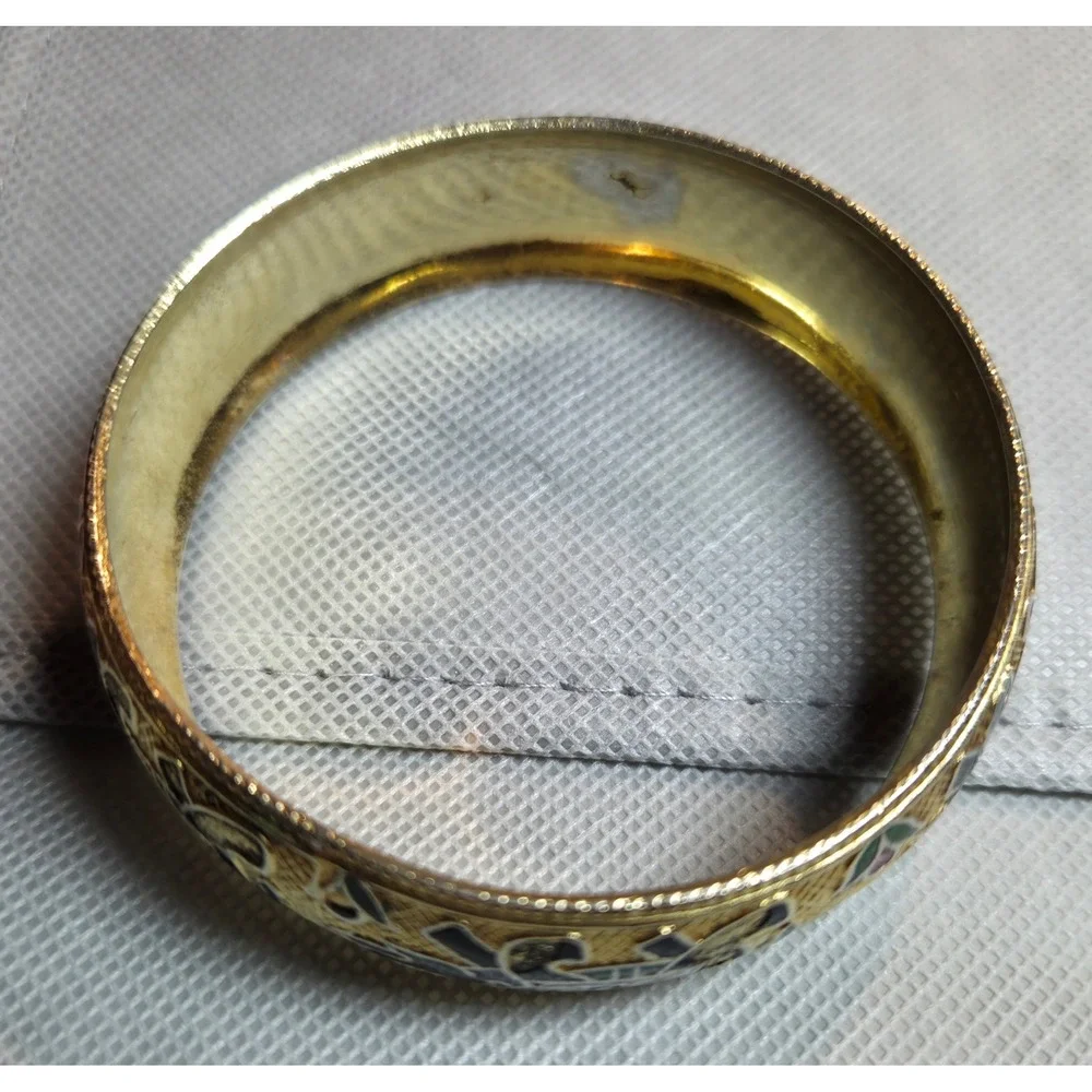 Vintage Cloisonne Gold Tone‎ Enamel Elephant Bangle Bracelet Multi Color